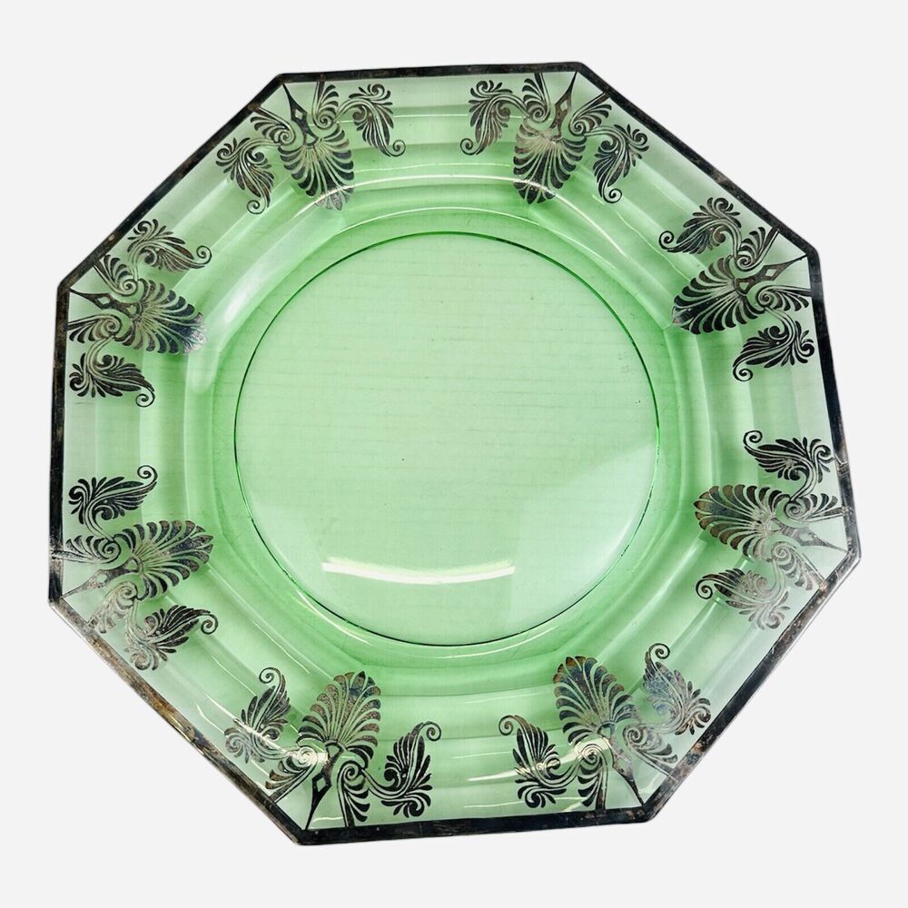 Green Depression glass Octagon plate 14'  Floral